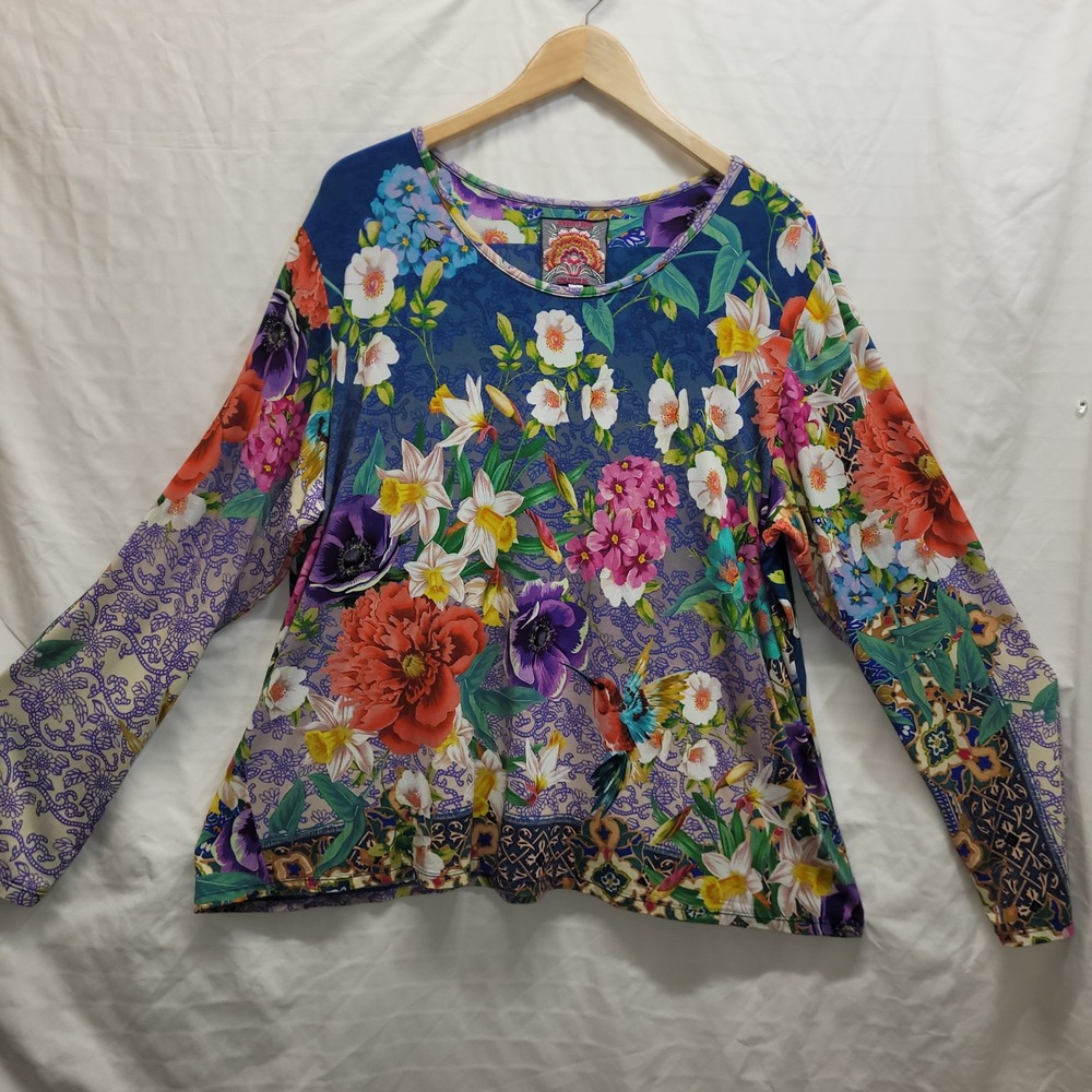Johnny Was Blue Floral Hummingbird Bamboo Long Sleeve Knit Top XL R14620D-D